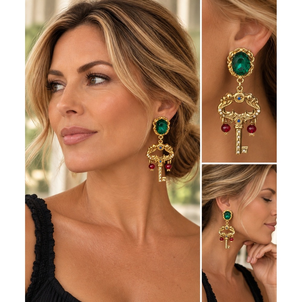 Gold Tone Emerald Green Crystal Skeleton Key Drop Earrings